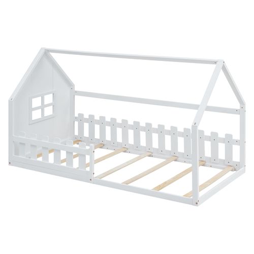 Lit Cabane Au Sol 90x200cm, Lit Plat Enfant Avec Cadre Maison, Bois Massif, Blanc