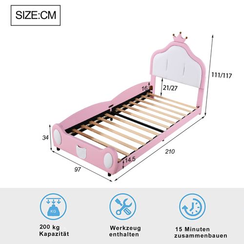 Lit Rembourré Enfant 90x200 Cm Avec Tête De Lit Décorée, Pu + Métal + Contreplaqué + Mdf, Rose