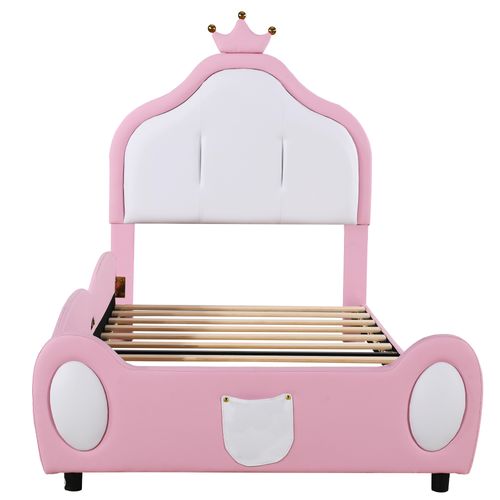 Lit Rembourré Enfant 90x200 Cm Avec Tête De Lit Décorée, Pu + Métal + Contreplaqué + Mdf, Rose