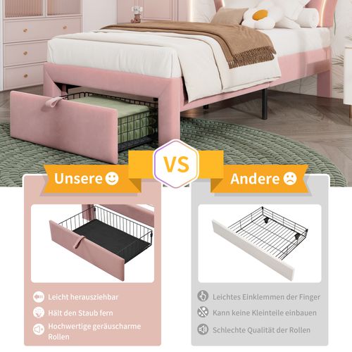 Lit Simple Pour Enfant 90x190 Cm, Cadre En Bois, Avec LED, Rose