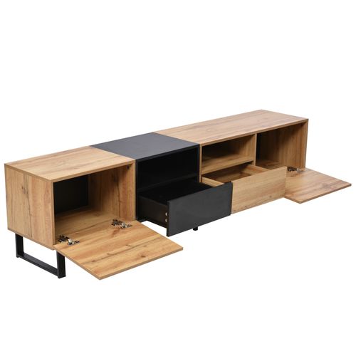 Meuble TV Moderne Noir Et Bois Avec Grand Espace De Rangement - 190x38x48 Cm