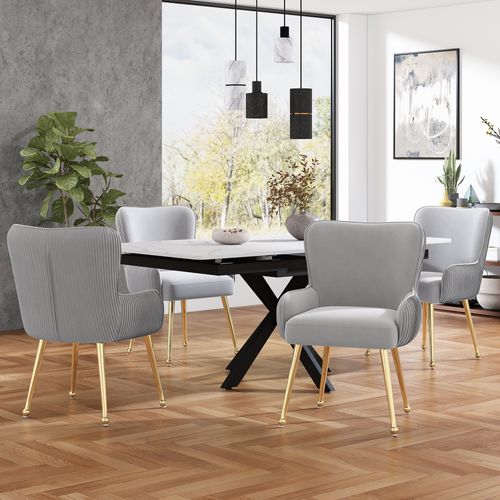 Chaise Velours, 4 Pièces, Métal Doré, Accoudoirs, Gris