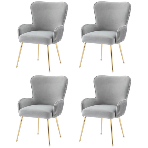 Chaise Velours, 4 Pièces, Métal Doré, Accoudoirs, Gris