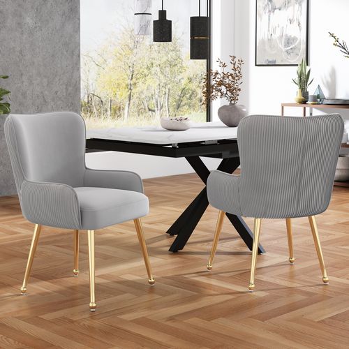 Chaise Velours, 4 Pièces, Métal Doré, Accoudoirs, Gris
