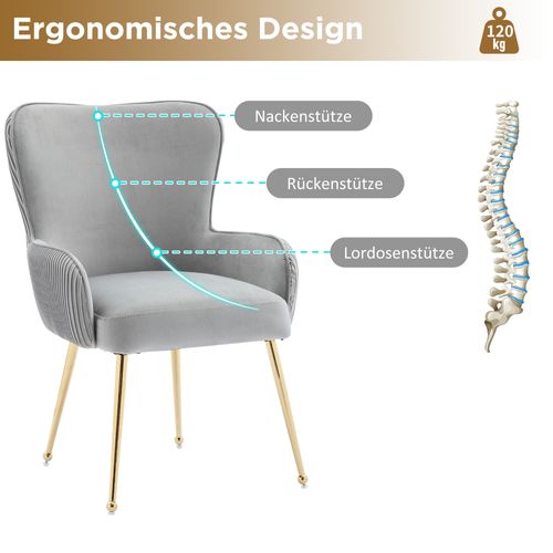 Chaise Velours, 4 Pièces, Métal Doré, Accoudoirs, Gris