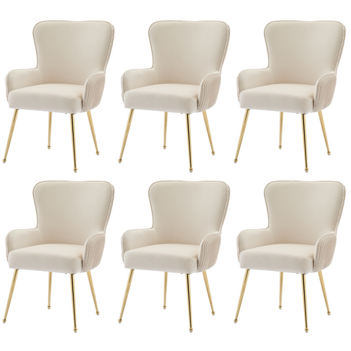 Chaise Velours, 6 Pièces, Métal Doré, Accoudoirs, Beige