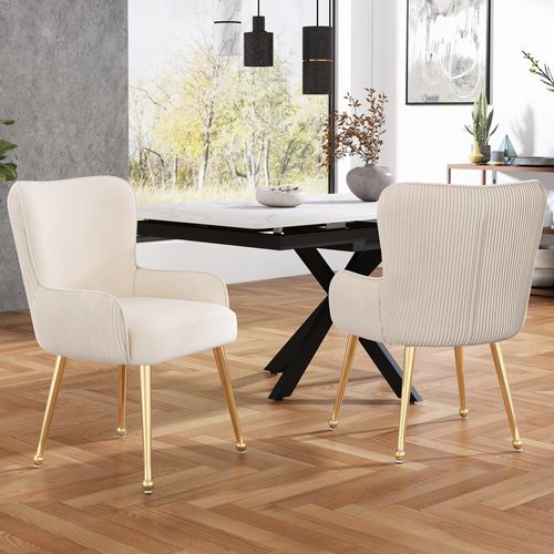 Chaise Velours, 6 Pièces, Métal Doré, Accoudoirs, Beige