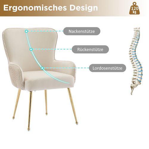 Chaise Velours, 6 Pièces, Métal Doré, Accoudoirs, Beige