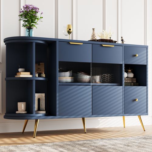 Meuble Buffet En Bois, Avec Portes En Verre Coulissantes, Éclairage LED, Couleur Bleue