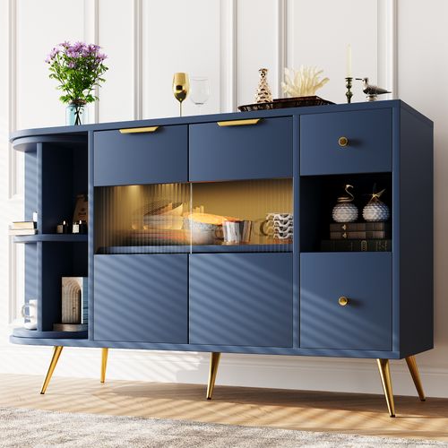 Meuble Buffet En Bois, Avec Portes En Verre Coulissantes, Éclairage LED, Couleur Bleue