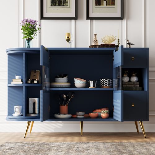 Meuble Buffet En Bois, Avec Portes En Verre Coulissantes, Éclairage LED, Couleur Bleue