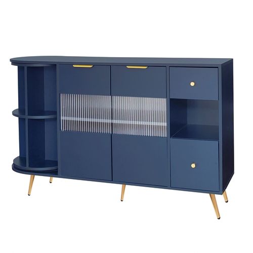 Meuble Buffet En Bois, Avec Portes En Verre Coulissantes, Éclairage LED, Couleur Bleue