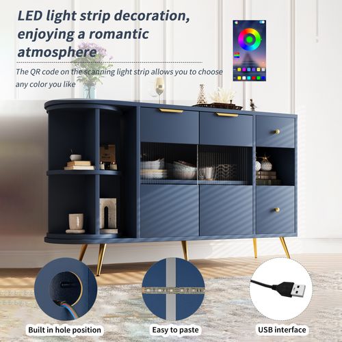 Meuble Buffet En Bois, Avec Portes En Verre Coulissantes, Éclairage LED, Couleur Bleue