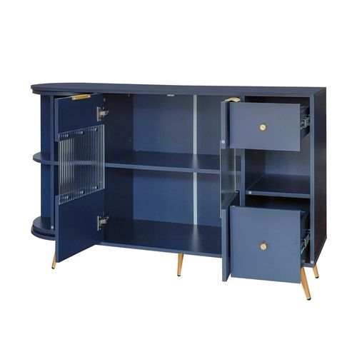 Meuble Buffet En Bois, Avec Portes En Verre Coulissantes, Éclairage LED, Couleur Bleue