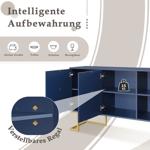 Buffet Moderne Marine, 3 Portes En U, Étagères Réglables, Poignées En Métal, Socle, Bleu