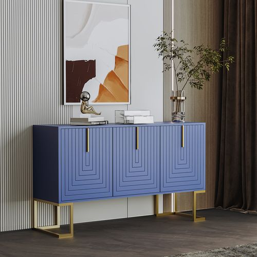Buffet Moderne Marine, 3 Portes En U, Étagères Réglables, Poignées En Métal, Socle, Bleu