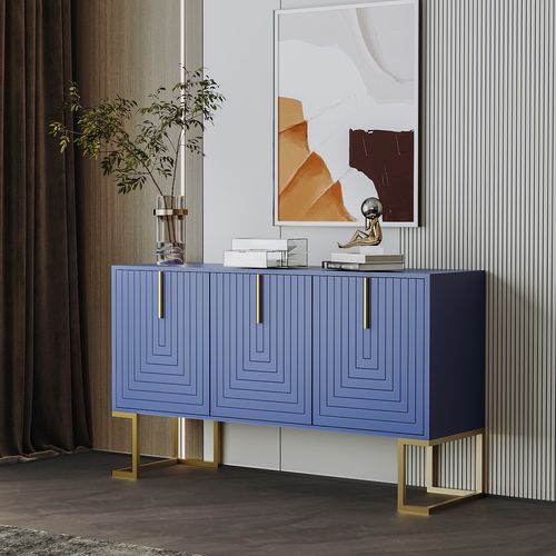 Buffet Moderne Marine, 3 Portes En U, Étagères Réglables, Poignées En Métal, Socle, Bleu