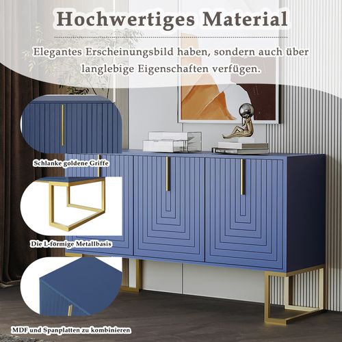 Buffet Moderne Marine, 3 Portes En U, Étagères Réglables, Poignées En Métal, Socle, Bleu