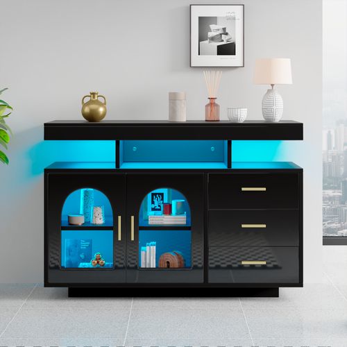 Buffet LED, 16 Couleurs, Panneau De Particules, 120x40x80 Cm, 3 Tiroirs, Noir