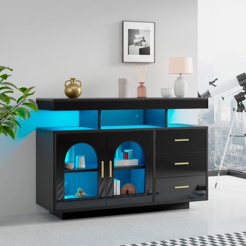 Buffet LED, 16 Couleurs, Panneau De Particules, 120x40x80 Cm, 3 Tiroirs, Noir