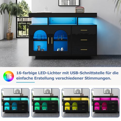 Buffet LED, 16 Couleurs, Panneau De Particules, 120x40x80 Cm, 3 Tiroirs, Noir