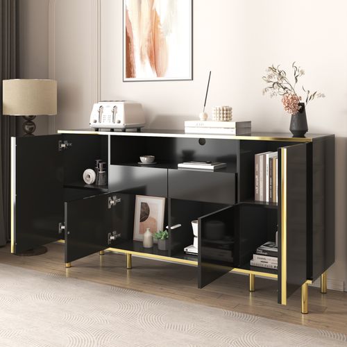 Buffet, 2 Tiroirs, 4 Portes, Pieds Et Accents Dorés, LED Intégrée, 150x40x80 Cm, Noir Brillant