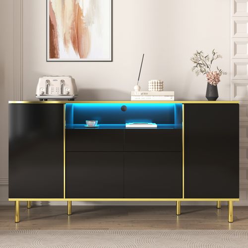 Buffet, 2 Tiroirs, 4 Portes, Pieds Et Accents Dorés, LED Intégrée, 150x40x80 Cm, Noir Brillant