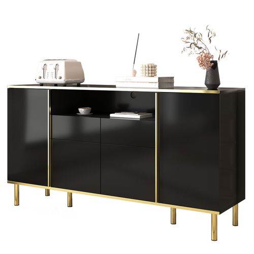 Buffet, 2 Tiroirs, 4 Portes, Pieds Et Accents Dorés, LED Intégrée, 150x40x80 Cm, Noir Brillant