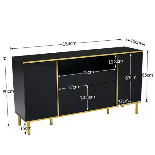 Buffet, 2 Tiroirs, 4 Portes, Pieds Et Accents Dorés, LED Intégrée, 150x40x80 Cm, Noir Brillant
