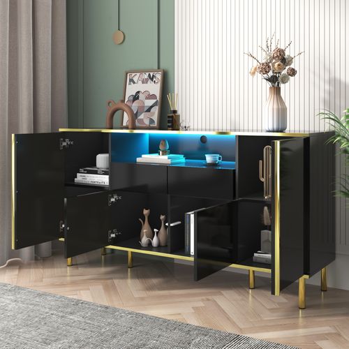 Buffet, 2 Tiroirs, 4 Portes, Pieds Et Accents Dorés, LED Intégrée, 150x40x80 Cm, Noir Brillant