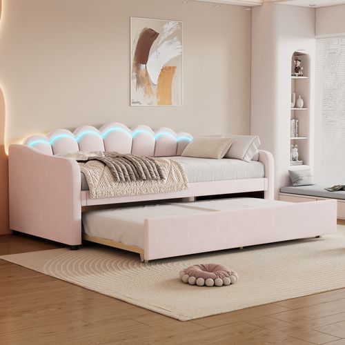 Lit Gigogne 90x200 Cm En Velours Rose