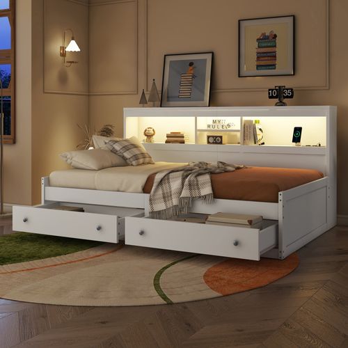 Lit Enfant 90x200cm En Panneau De Particules Blanc Avec Éclairage Ambiant, 2 USB, 2 Prises, Tiroirs