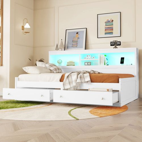 Lit Enfant 90x200cm En Panneau De Particules Blanc Avec Éclairage Ambiant, 2 USB, 2 Prises, Tiroirs