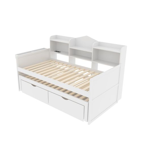 Lit Gigogne 90x200 Cm + 90x190 Cm, 2 Tiroirs, Grand Rangement Prise USB, Blanc