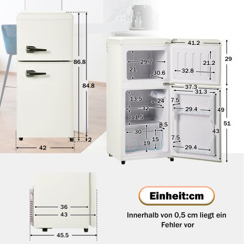 Réfrigérateur Congélateur Rétro à Double Porte + 60 Litres + Blanc Crème