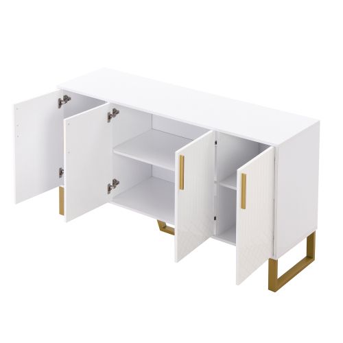 Buffet Haut Brillant, 4 Portes, Poignées Et Pieds En Métal, 140l X 40p X 80h Cm - Blanc