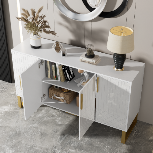 Buffet Haut Brillant, 4 Portes, Poignées Et Pieds En Métal, 140l X 40p X 80h Cm - Blanc