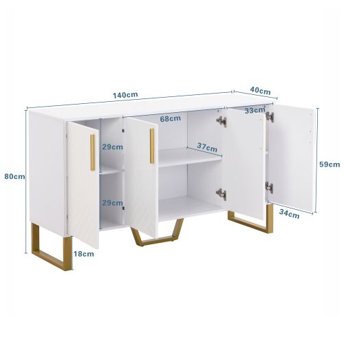 Buffet Haut Brillant, 4 Portes, Poignées Et Pieds En Métal, 140l X 40p X 80h Cm - Blanc