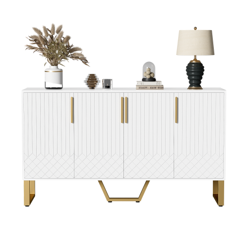 Buffet Haut Brillant, 4 Portes, Poignées Et Pieds En Métal, 140l X 40p X 80h Cm - Blanc
