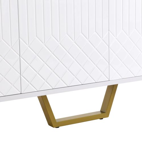 Buffet Haut Brillant, 4 Portes, Poignées Et Pieds En Métal, 140l X 40p X 80h Cm - Blanc