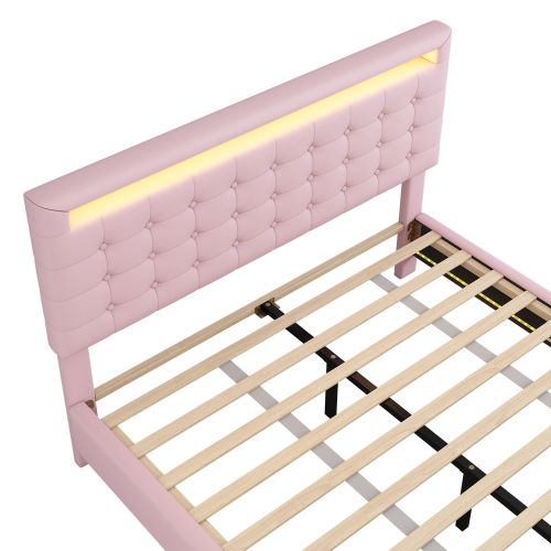 Lit Plat 140x200cm, Lumière Ambiante LED, Télécommande 24 Touches, Rose