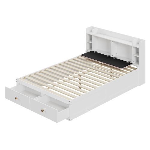 Lit Combiné En Bois Massif 140x200 Cm Avec Tête De Lit à Compartiments, Blanc, Modèle 227x145x93 Cm