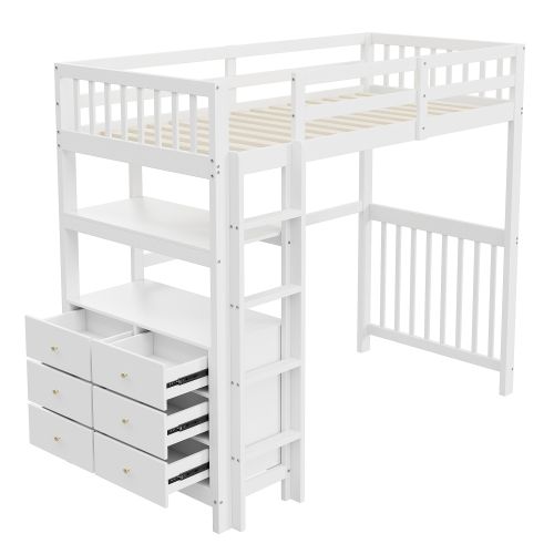 Lit Mezzanine 90 X 200 Cm Avec Échelle De Sécurité Verticale, Tiroirs Et Étagères