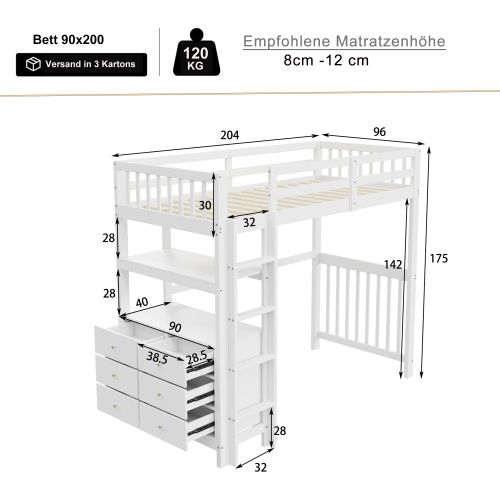 Lit Mezzanine 90 X 200 Cm Avec Échelle De Sécurité Verticale, Tiroirs Et Étagères