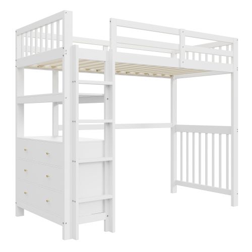 Lit Mezzanine 90 X 200 Cm Avec Échelle De Sécurité Verticale, Tiroirs Et Étagères