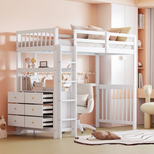 Lit Mezzanine 90 X 200 Cm Avec Échelle De Sécurité Verticale, Tiroirs Et Étagères