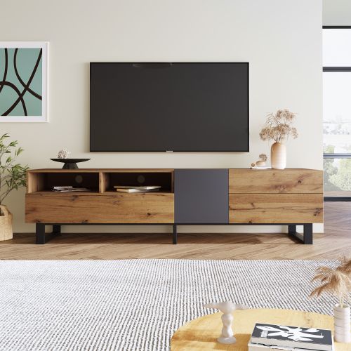 Meuble TV - Design Coloré - Bois De Chêne Et Anthracite - 180 X 50 X 38 Cm