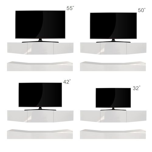 Meuble TV Blanc Laqué Avec Éclairage LED, Suspendu Au Mur