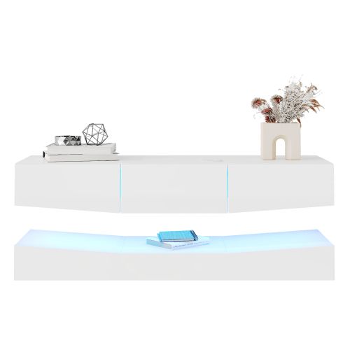 Meuble TV Blanc Laqué Avec Éclairage LED, Suspendu Au Mur