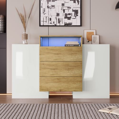Buffet Moderne Avec Éclairage LED Multicolore, Haut Brillant Blanc Et Couleur Bois, 140 Cm